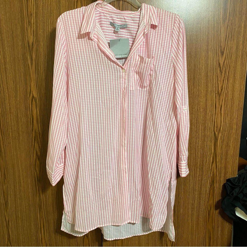 Marc New York Andrew Marc Long Button Up in Pink Plaid in XL